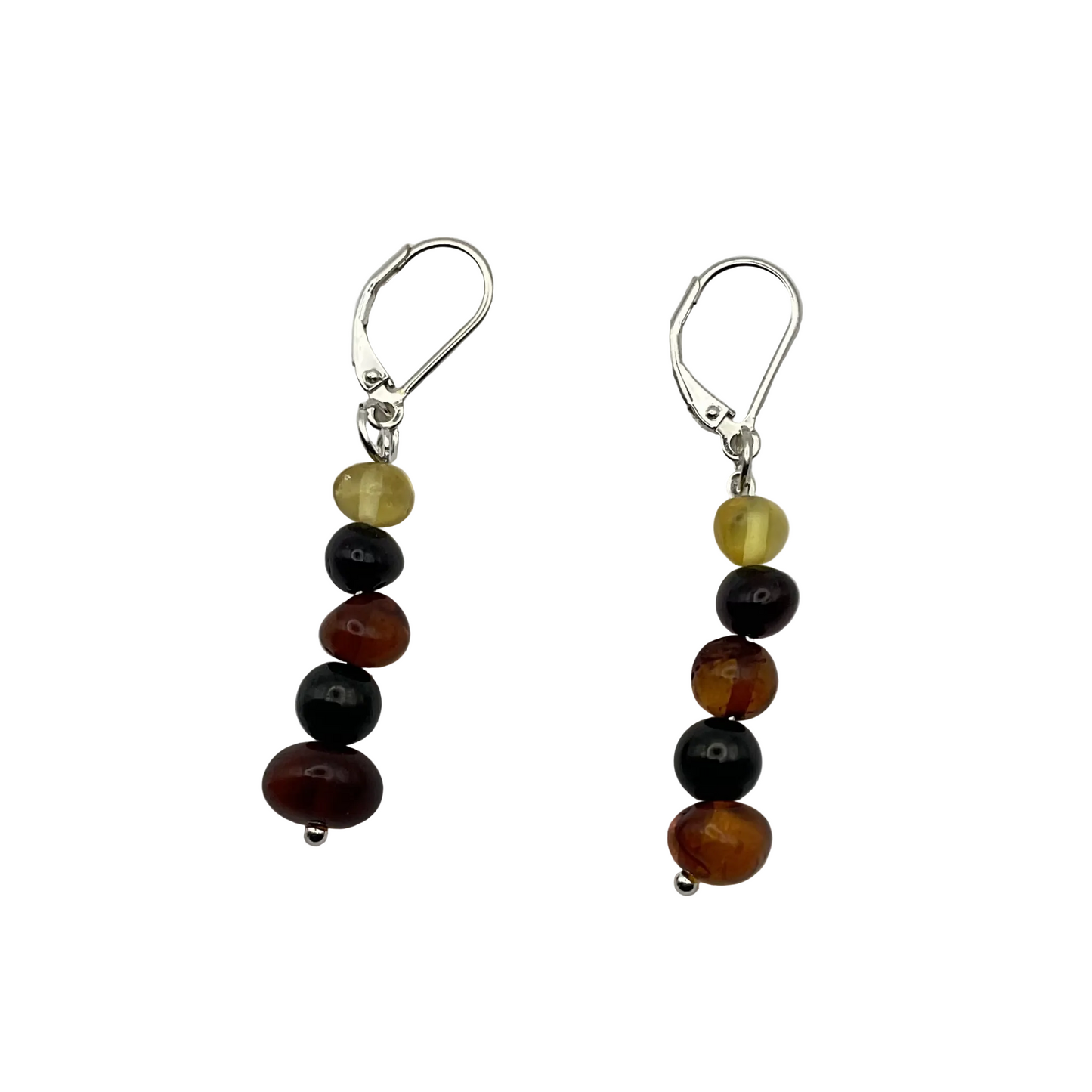 Pair of beaded earrings with multicolored Baltic Amber and Russian Jet beads on a sterling silver displayed on a white background