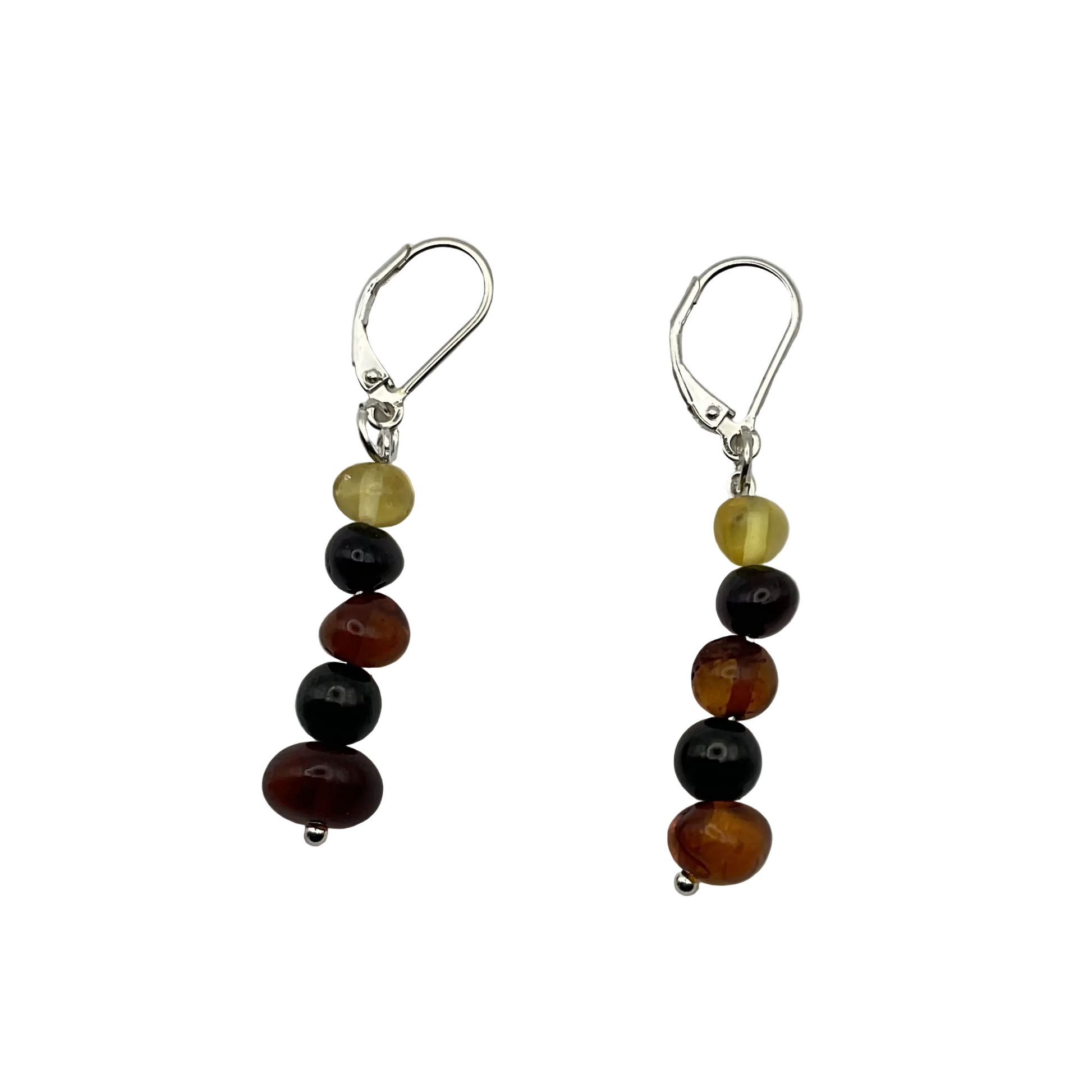 Pair of beaded earrings with multicolored Baltic Amber and Russian Jet beads on a sterling silver displayed on a white background