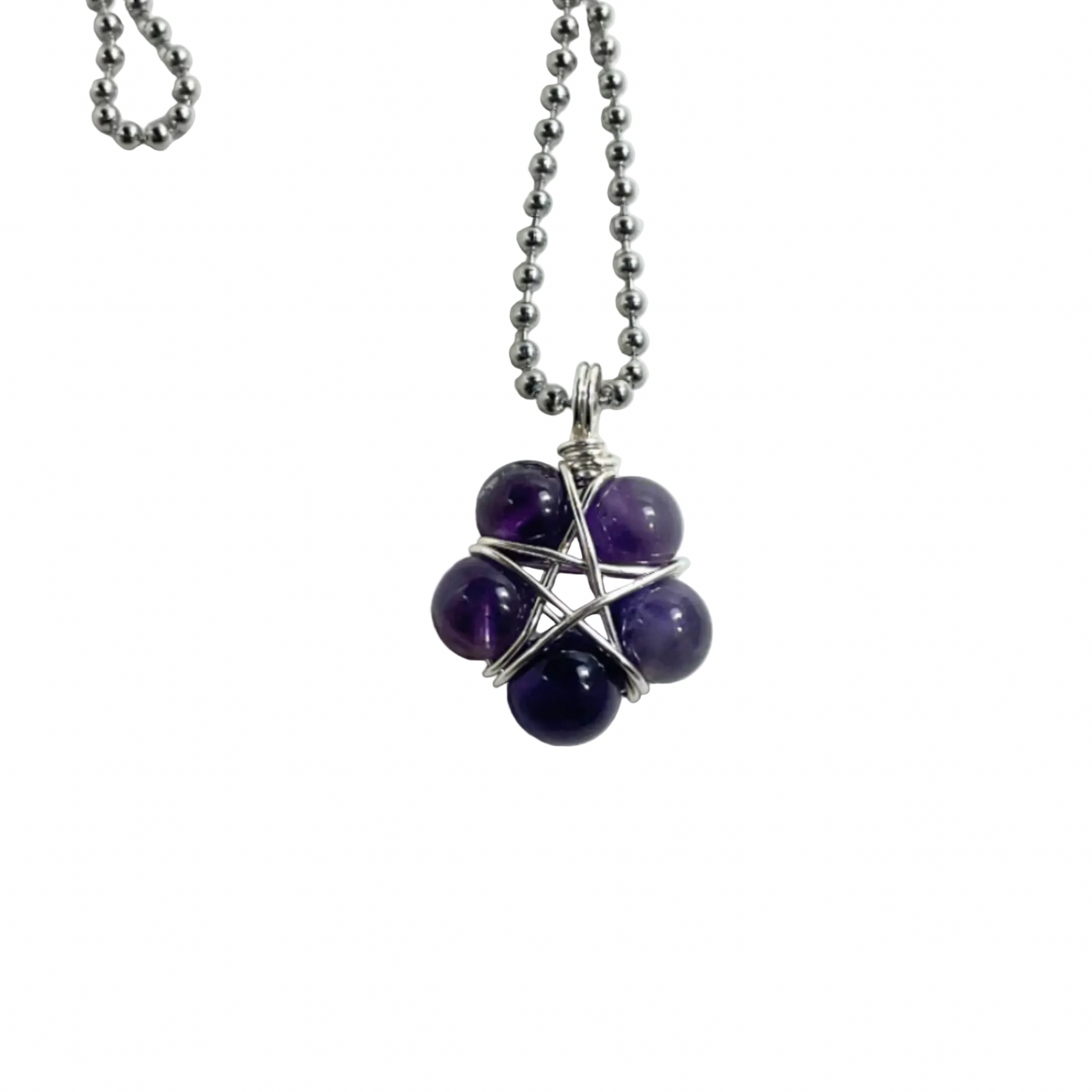 Ball chain Necklace with purple bead wire wrap pentagram pendant on a white background