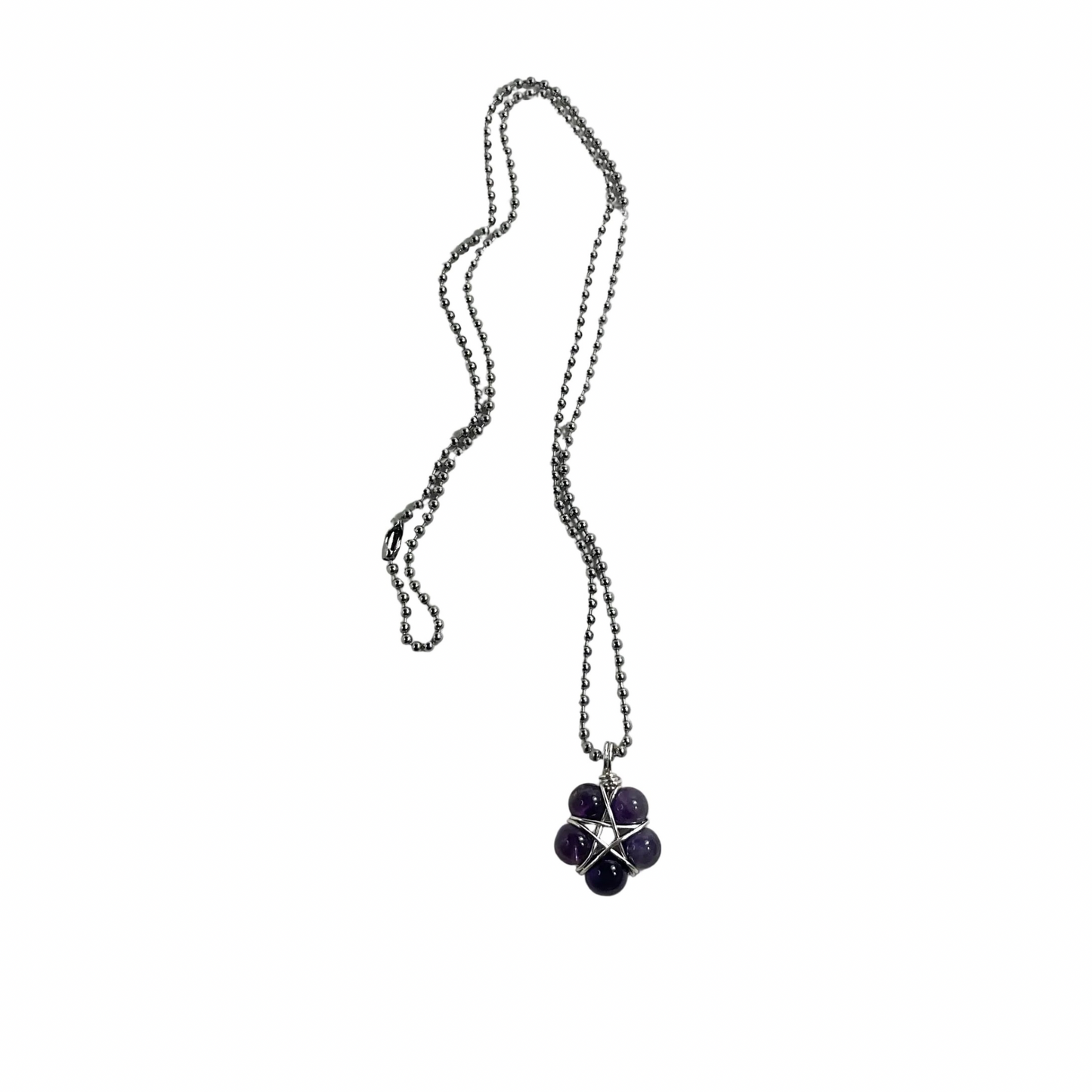 Ball chain Necklace with an amethyst bead pentagram pendant on a white background