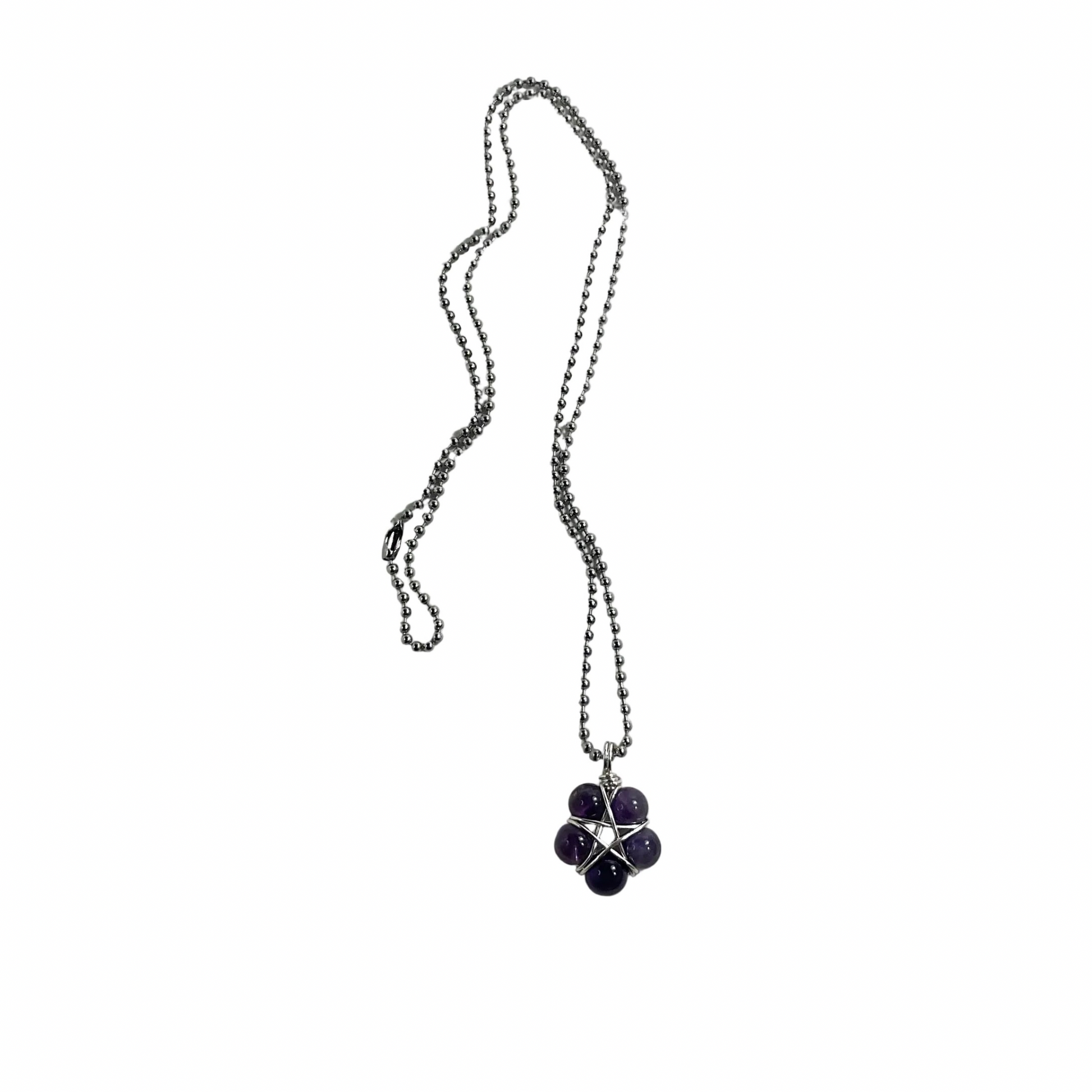 Ball chain Necklace with an amethyst bead pentagram pendant on a white background