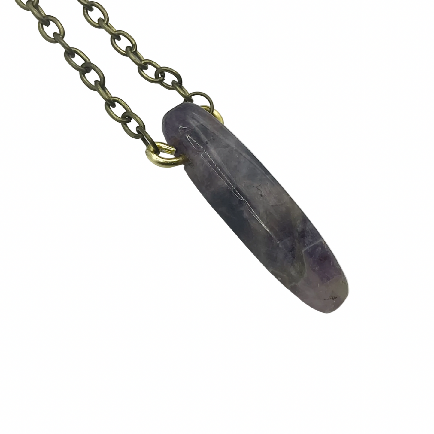 Amethyst stone pendant on a bronze tone chain against a white background