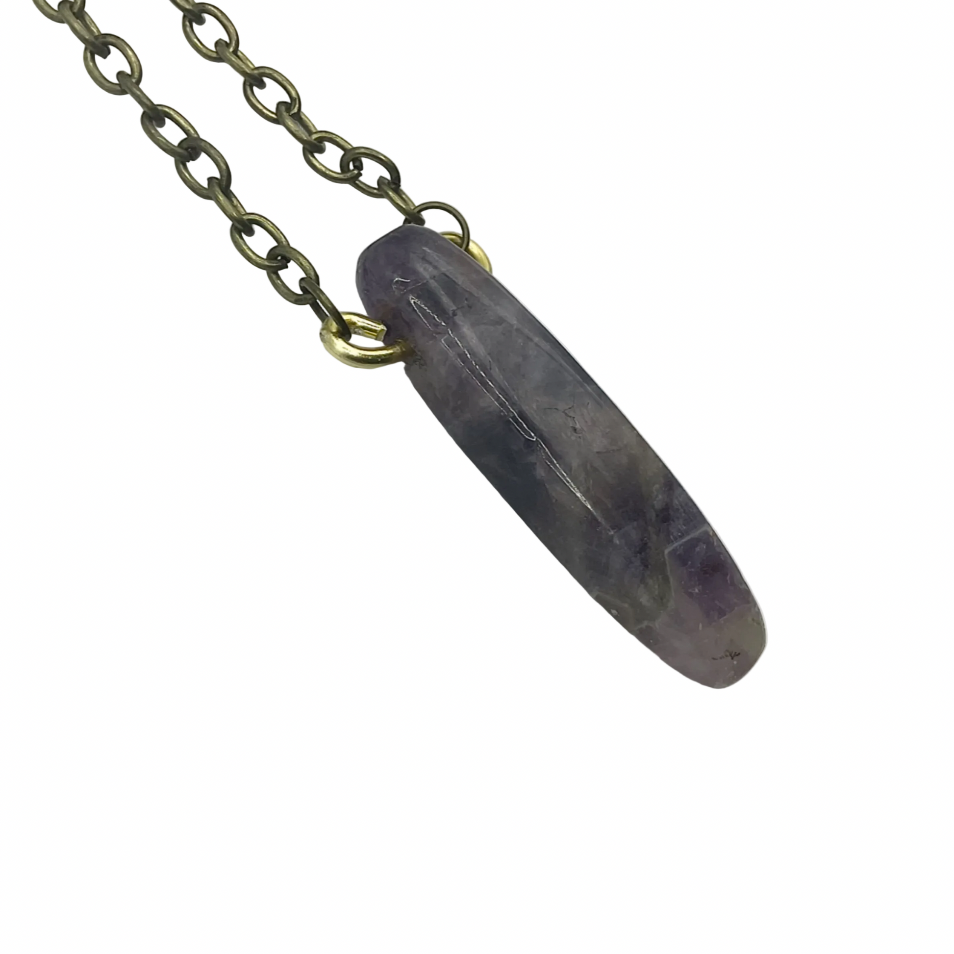 Amethyst stone pendant on a bronze tone chain against a white background