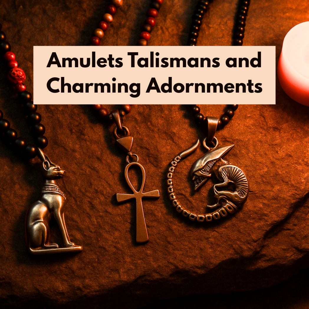 Amulets, talismans, and charming adornments on a stone surface with collection title overlay.