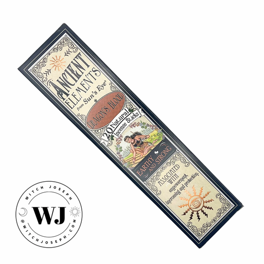 Ancient Elements Dragon’s Blood incense sticks package displayed against a white background with the Witch Joseph logo