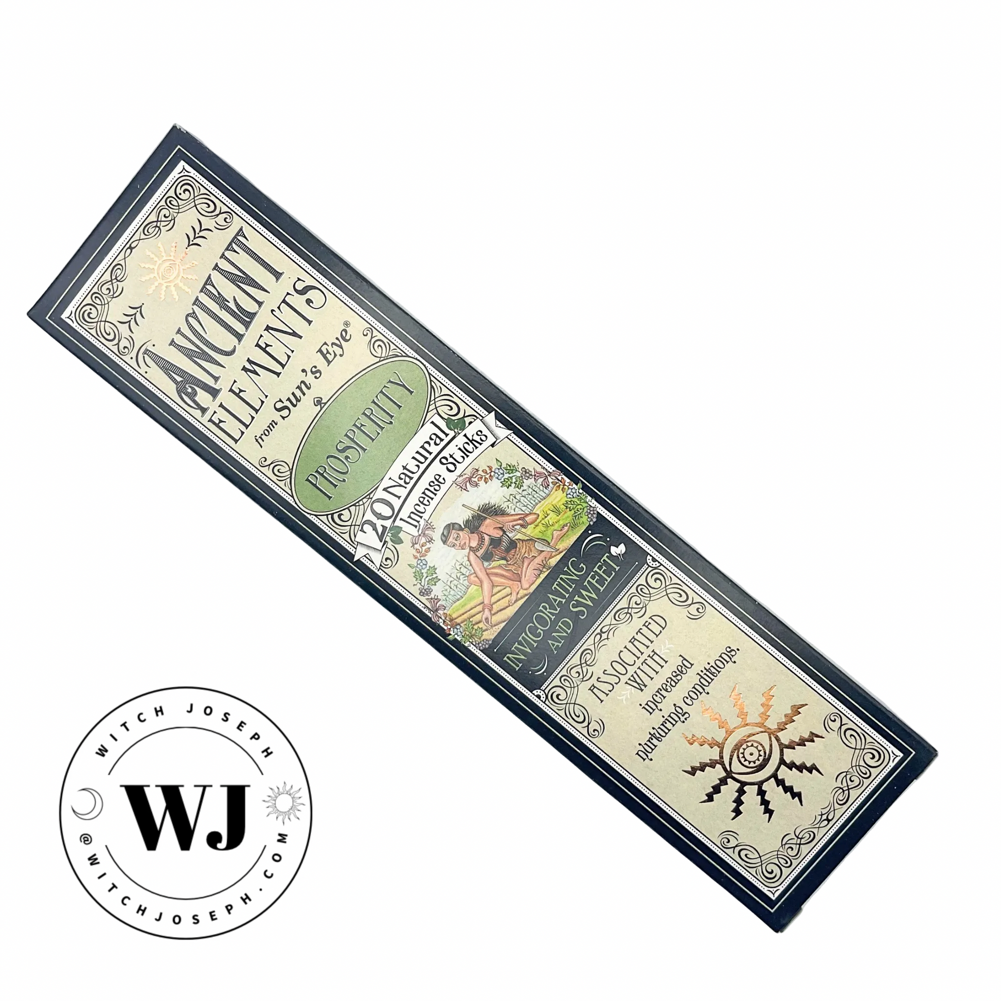 Ancient Elements Prosperity Incense Sticks pack displayed on a white background with the Witch Joseph logo