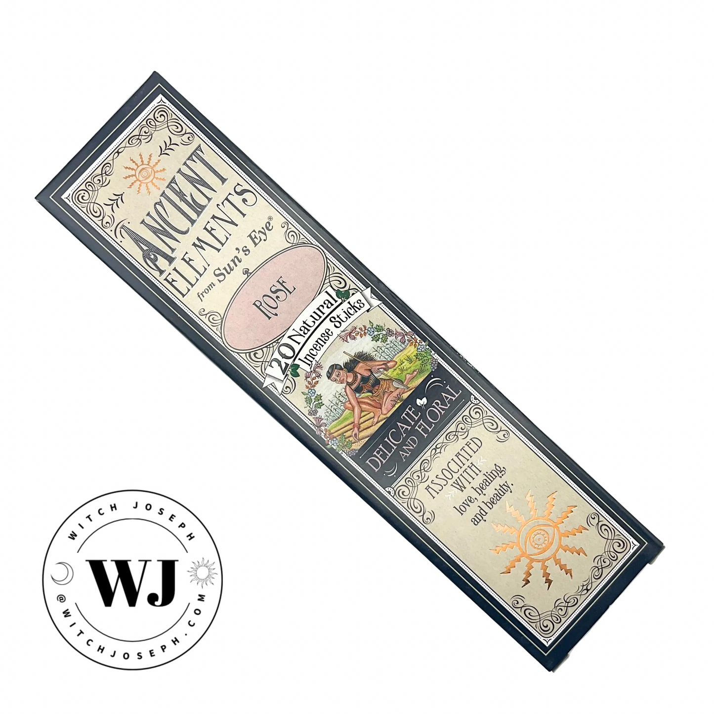 Ancient Elements Rose Incense Sticks pack displayed against a white background with the Witch Joseph logo