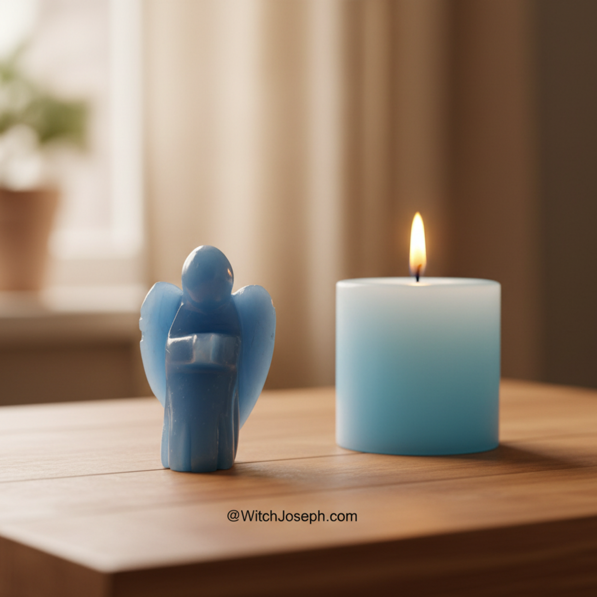 Blue angel-shaped stone displayed with a lit candle on a wooden surface with a blurred background…Witch Joseph URL displayed