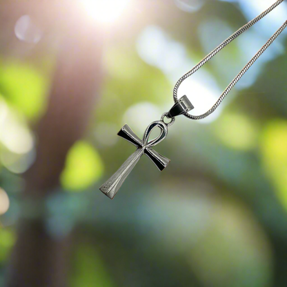 Silver tone ankh cross pendant necklace against a blurred green natural background