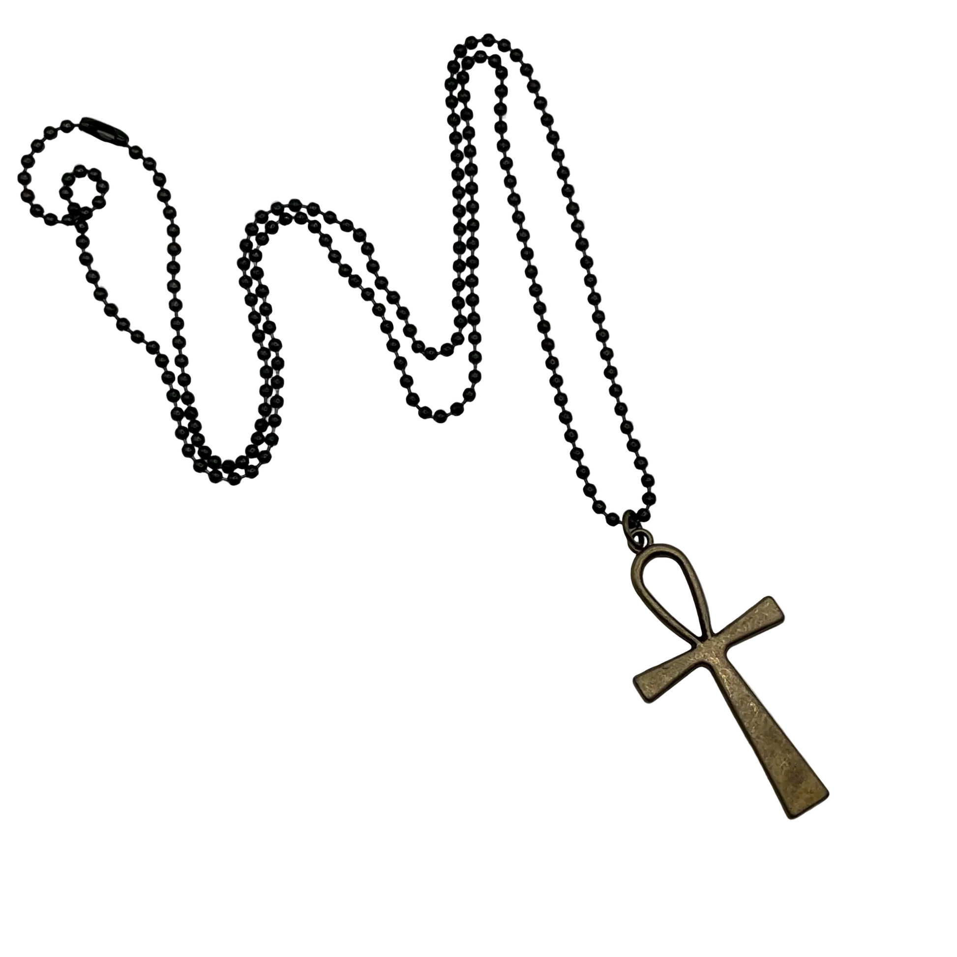 Necklace with black ball chain and a bronze tone ankh pendant on a white background