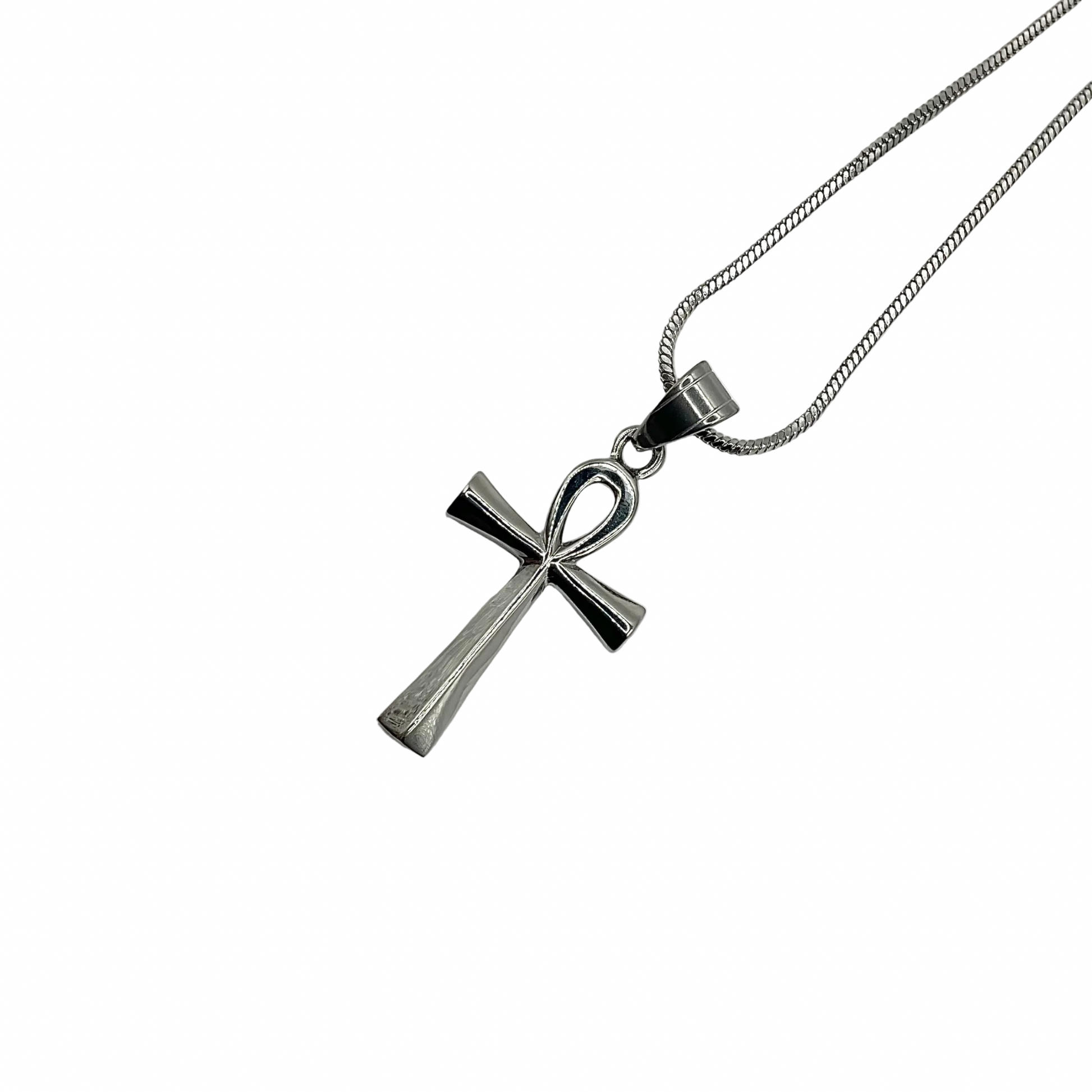 Silver tone Ankh cross pendant necklace on a white background