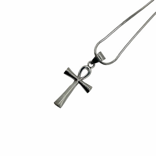 Silver tone Ankh cross pendant necklace on a white background