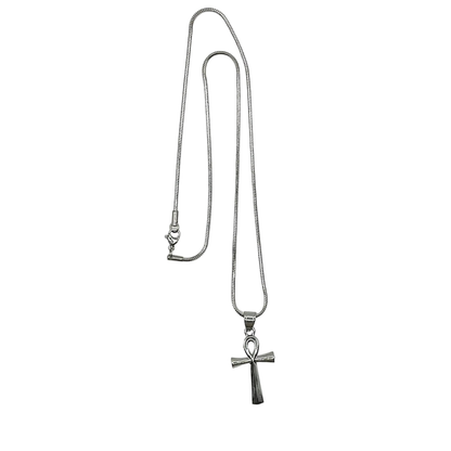 Silver tone necklace with an ankh cross pendant on a white background