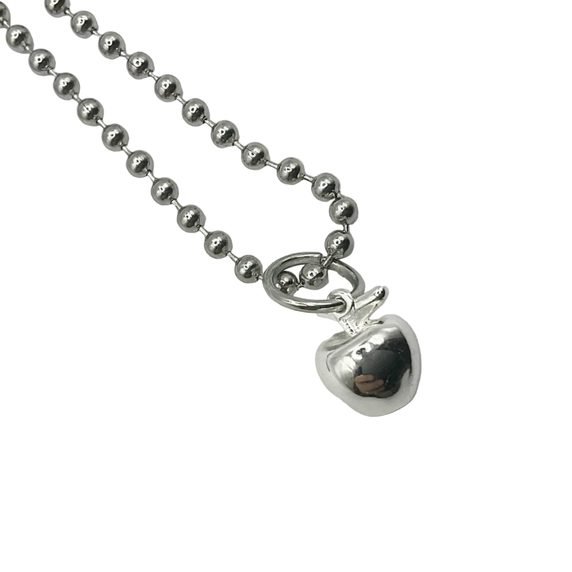 Silver tone Apple Charm necklace on a white background.