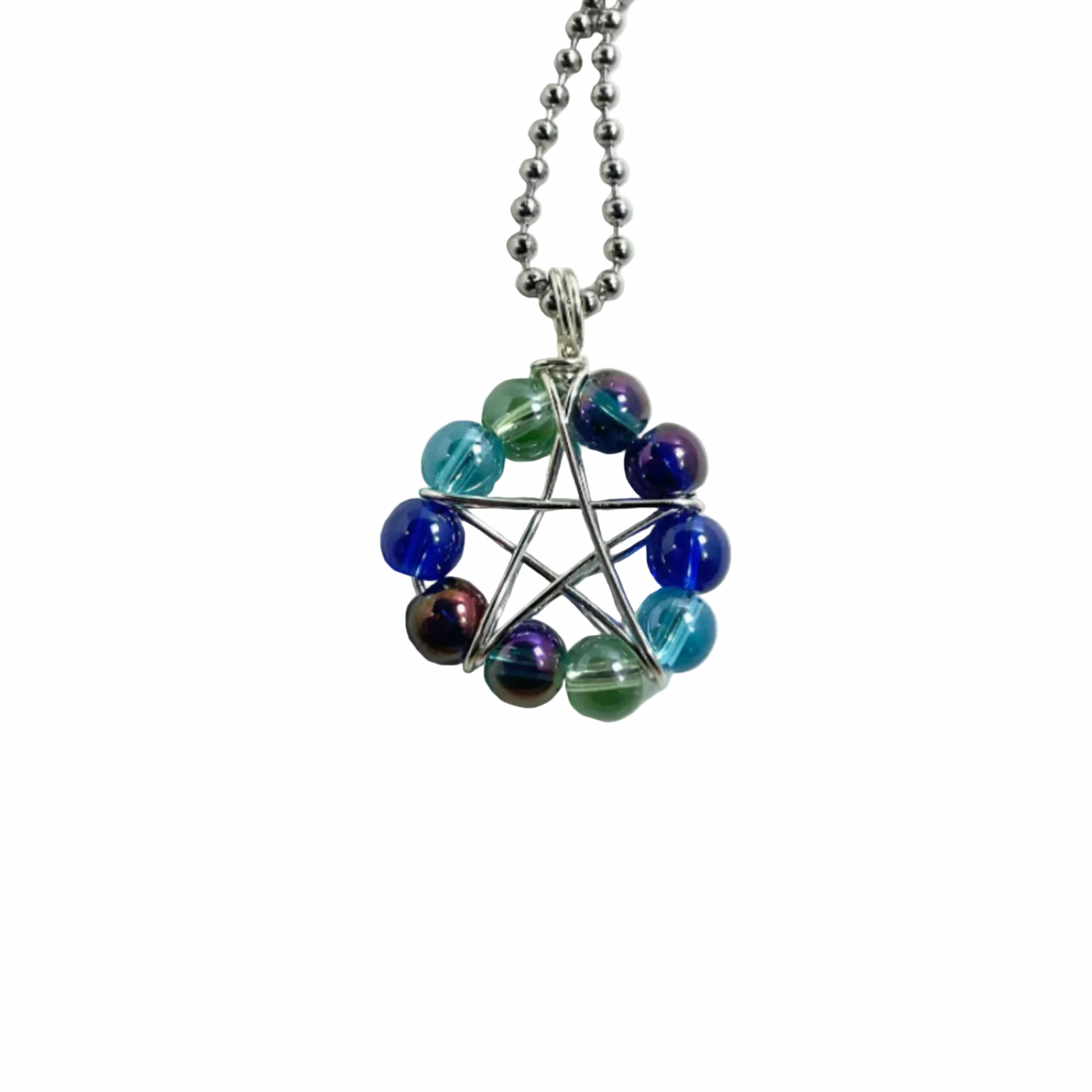 Multicolored aqua beads wire wrapped into beaded pentagram pendant on a stiller tone ball chain displayed on a white background
