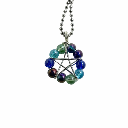 Multicolored aqua beads wire wrapped into beaded pentagram pendant on a stiller tone ball chain displayed on a white background