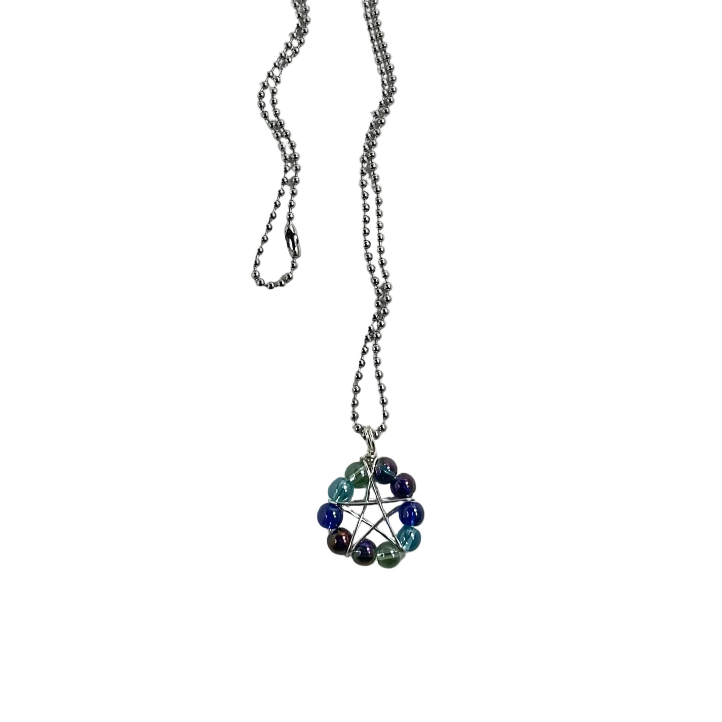 Ball chain Necklace with a pentagram pendant featuring aqua tone colored beads displayed on a white background