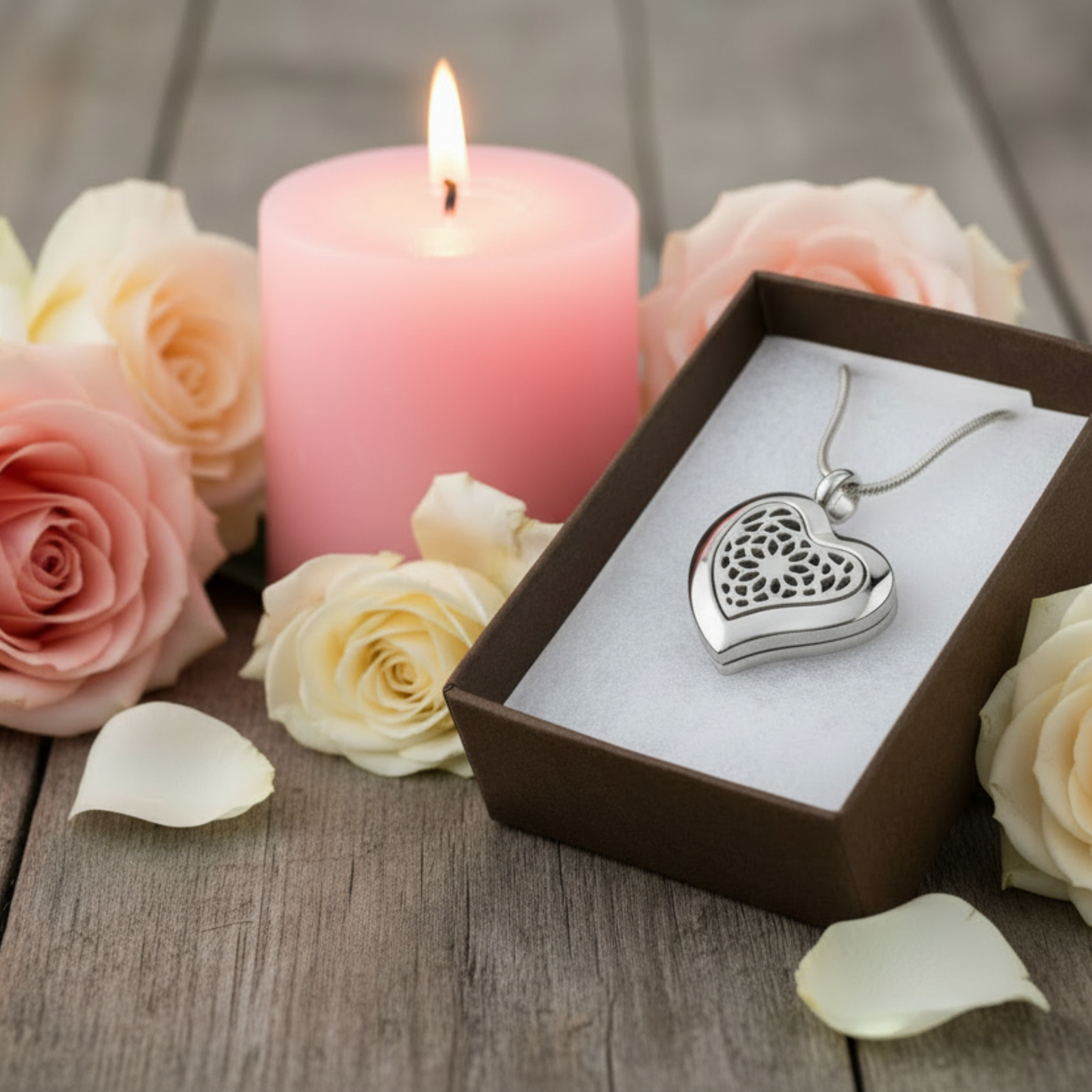 Aromatherapy Heart locket from suns eye shown on a rustic wooden table with a lit pink candle and roses.