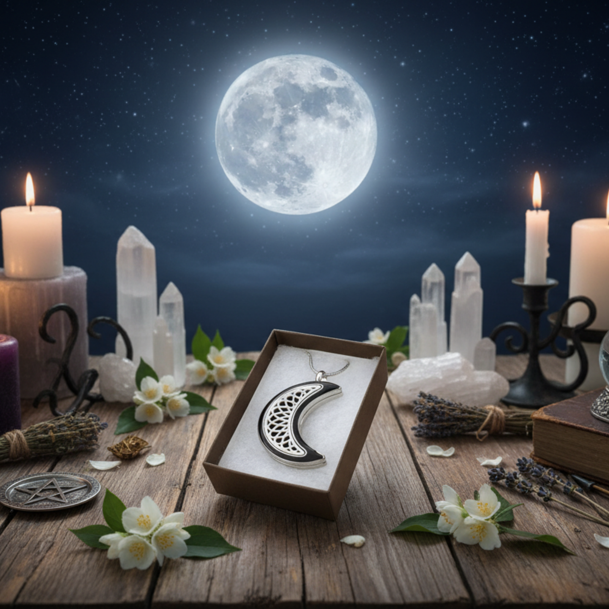 Aromatherapy Moon Locket from suns eye shown on a Witch altar under a full moon with candles and white moon flowers and selenite.