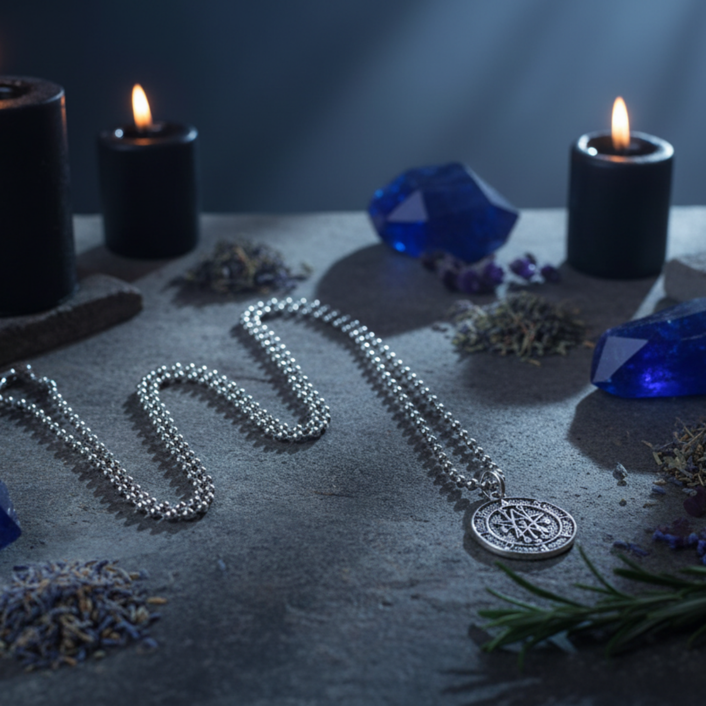 Silver tone ball chain necklace with an Astaroth Seal pendant on a dark Witch altar surface with candles and crystals in the moonlight.