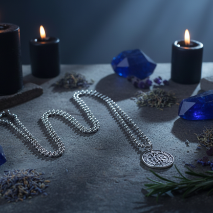 Silver tone ball chain necklace with an Astaroth Seal pendant on a dark Witch altar surface with candles and crystals in the moonlight.