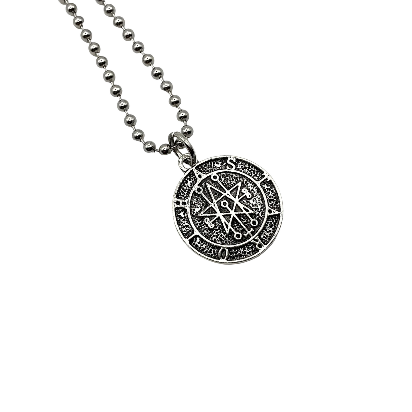 Silver tone Astaroth seal pendant on a ball chain necklace on a white background.