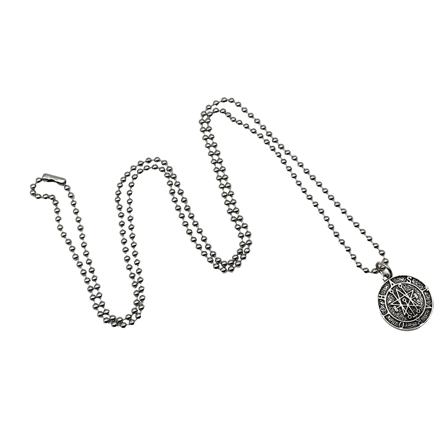 Silver tone ball chain necklace with a round Astaroth Seal pendant on a white background.