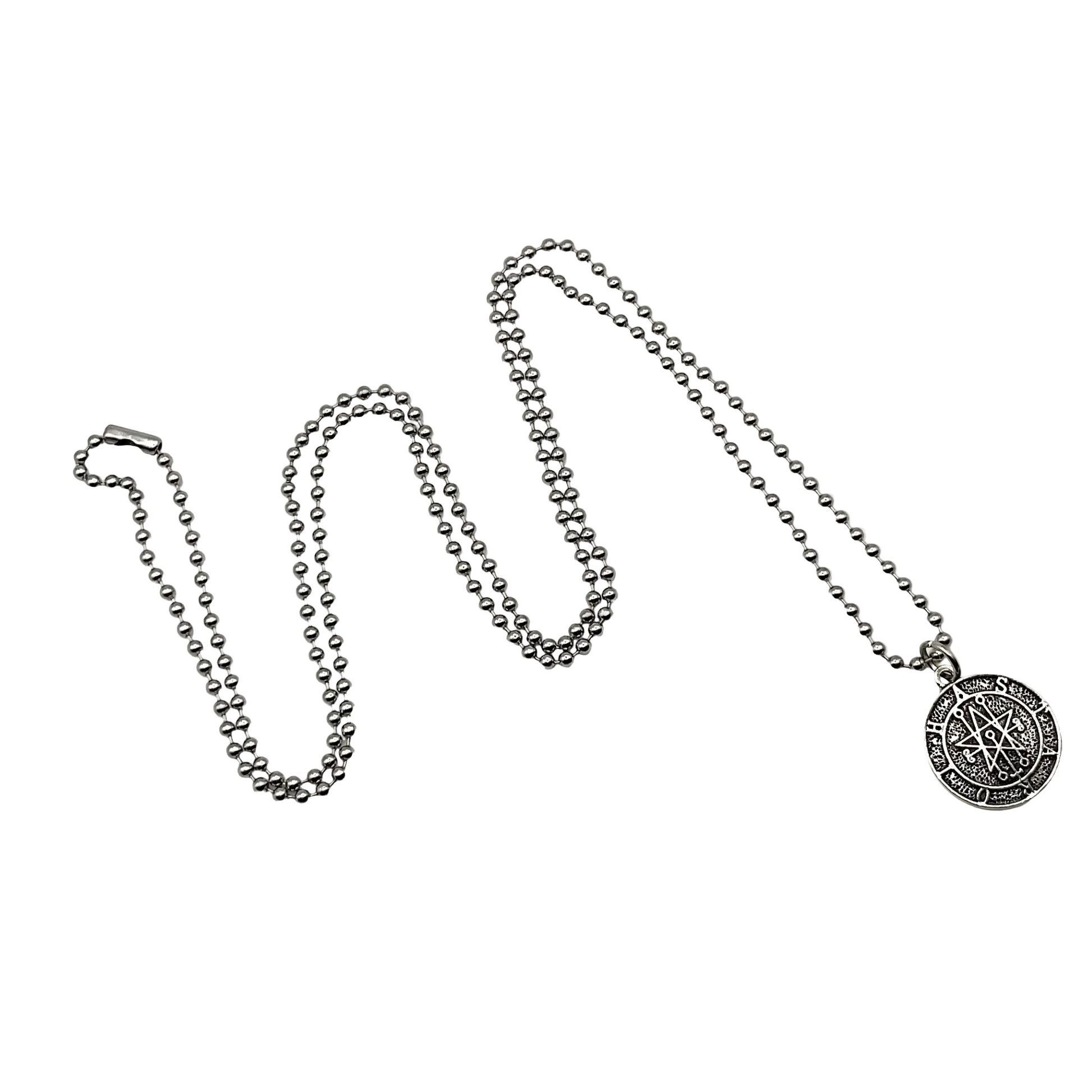 Silver tone ball chain necklace with a round Astaroth Seal pendant on a white background.