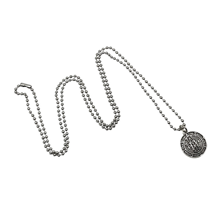 Silver tone ball chain necklace with a round Astaroth Seal pendant on a white background.