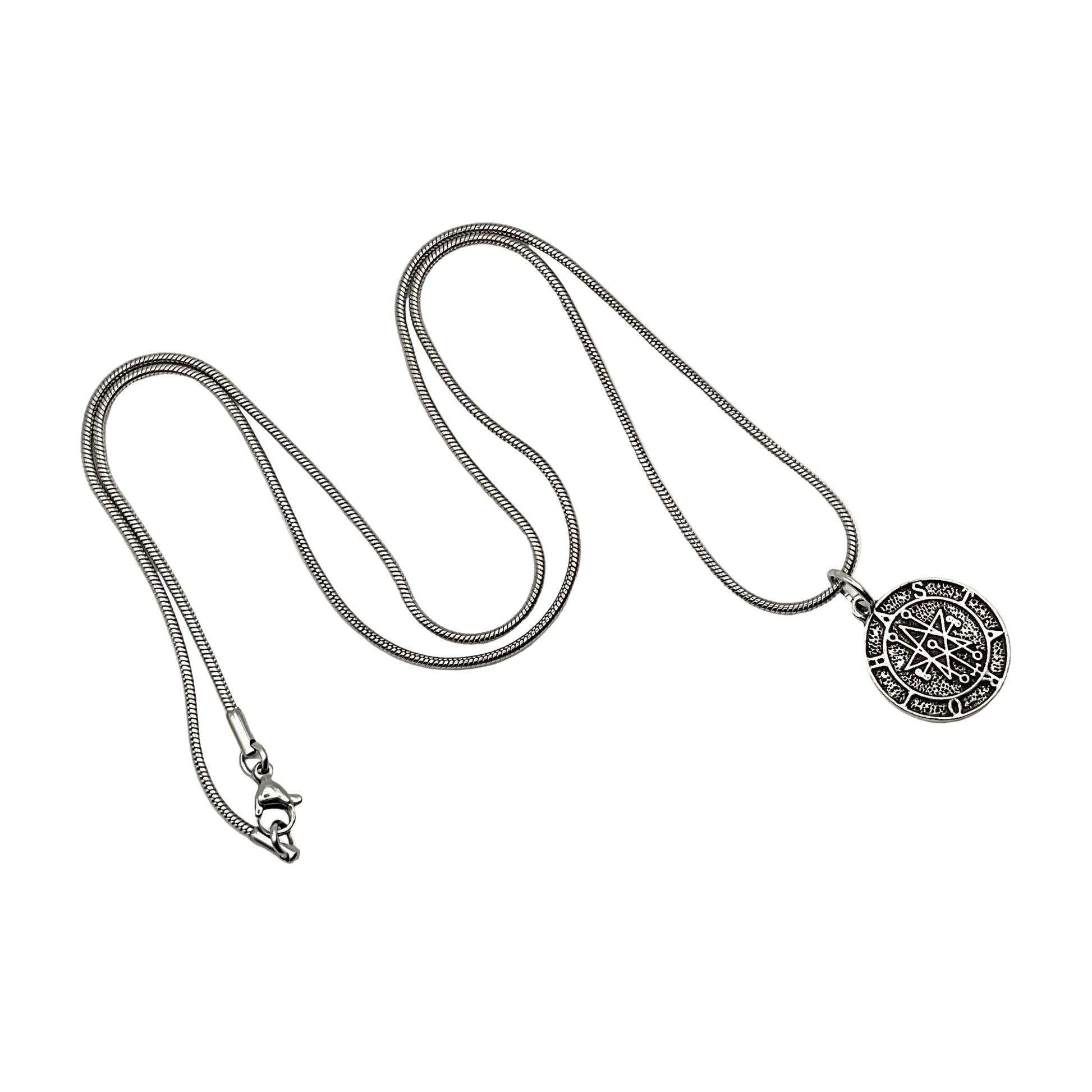 Silver necklace with a Astaroth Sigil Seal pendant on a white background.