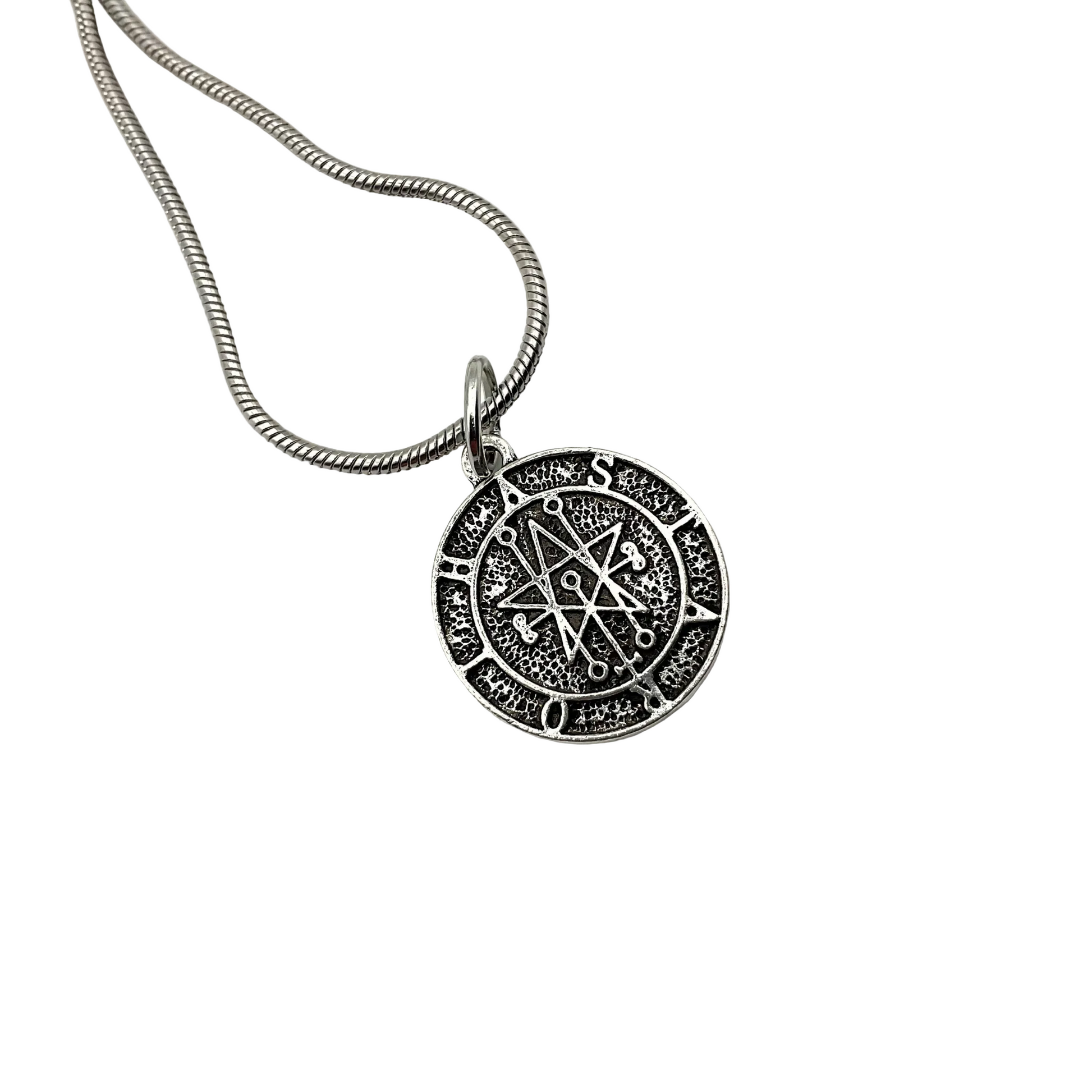 A silver tone necklace with the Astaroth Sigil Seal pendant against a white background