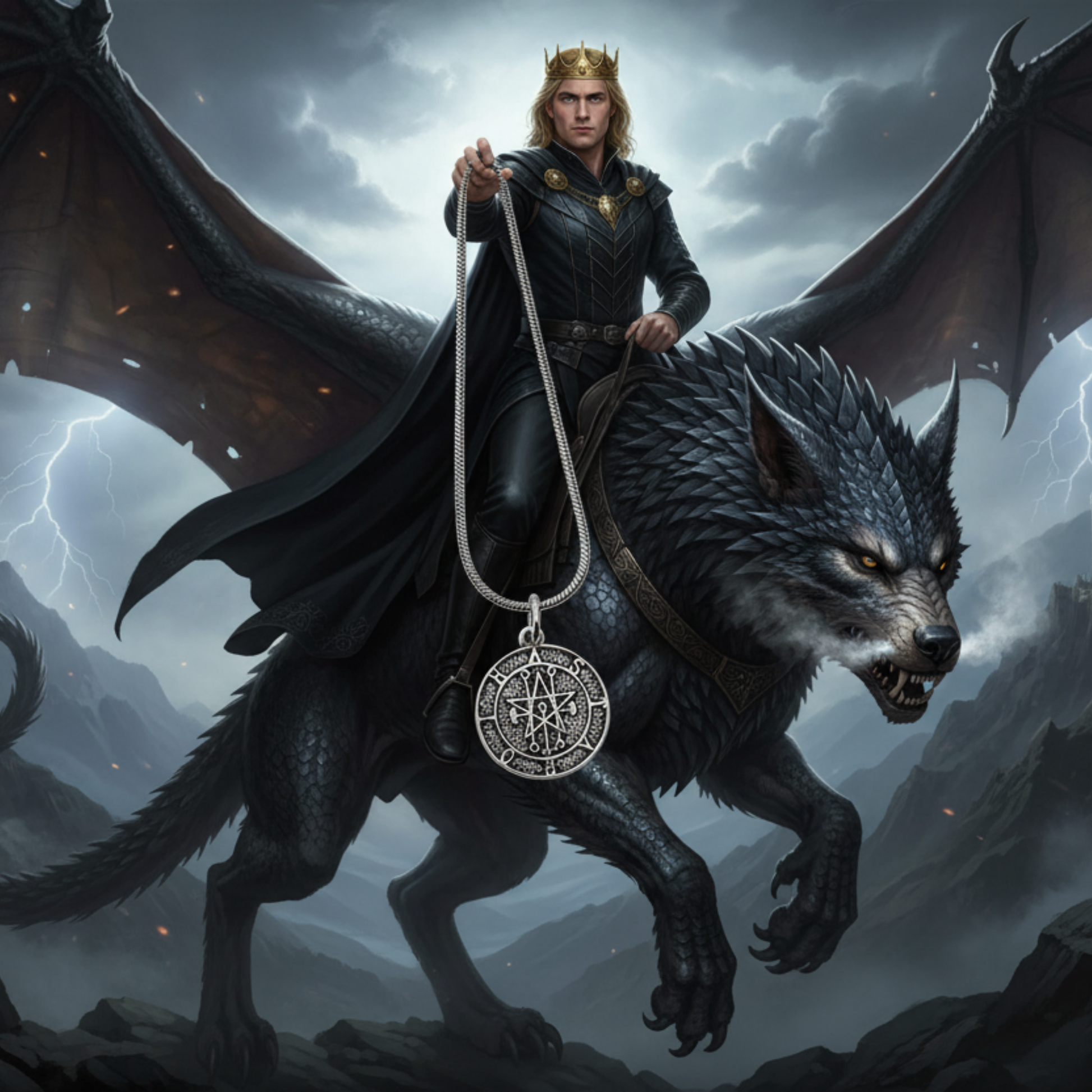 Man riding a wolf dragon with a dark, stormy sky in the background, holding out the Astaroth Talisman.