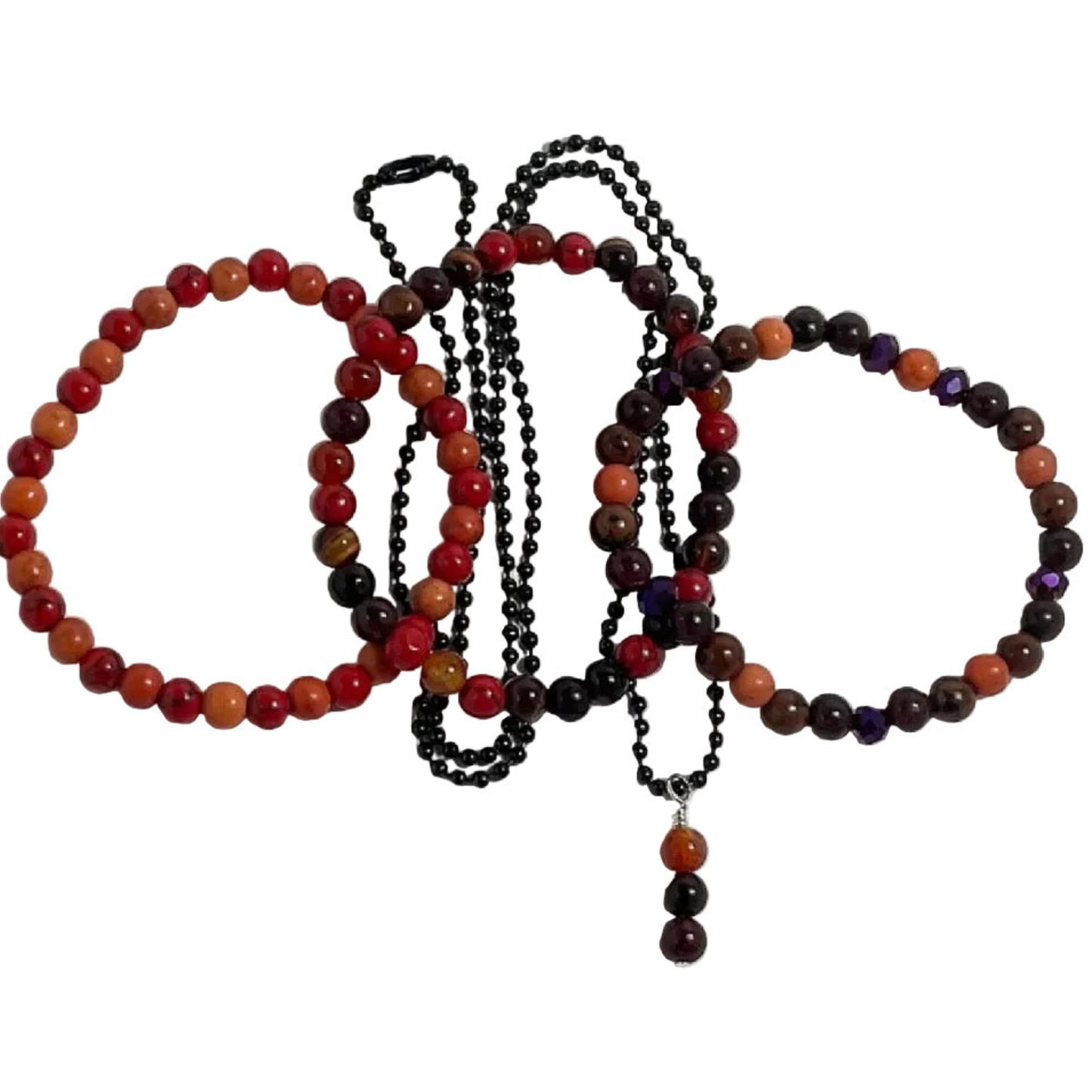 Set of autumn themed beaded bracelets and necklace with multicolor beads on a white background