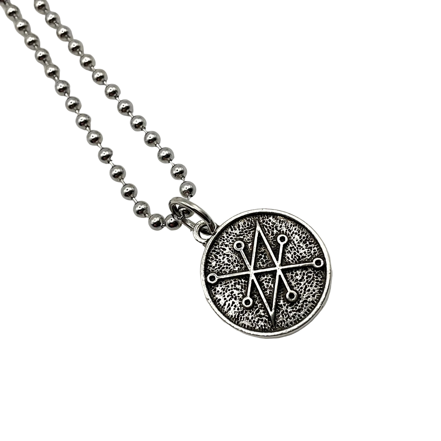 Ball Chain Necklace with a circular Azazel Seal pendant on a white background.