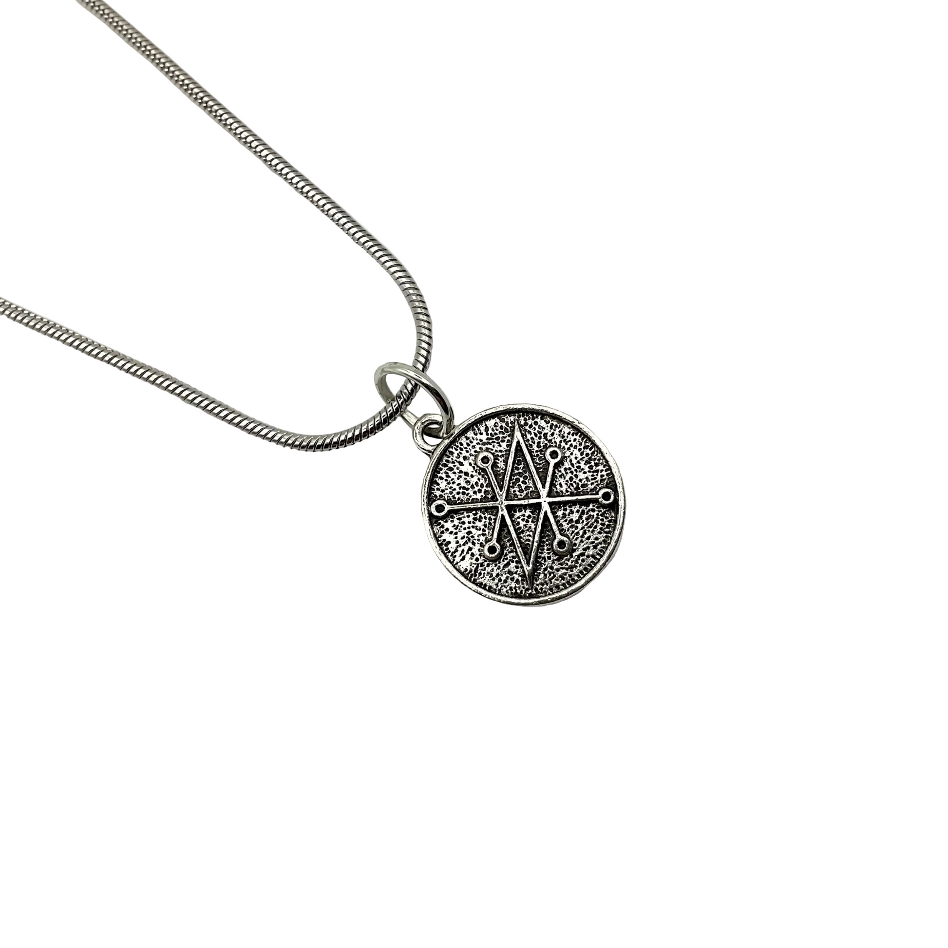 Silver tone necklace with a round Azazel Seal pendant on a white background.