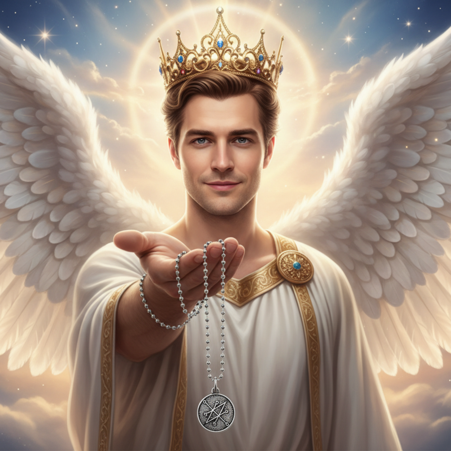 Radiant male Angel with a crown holding an Azazel seal charm necklace against a cloudy sky background.