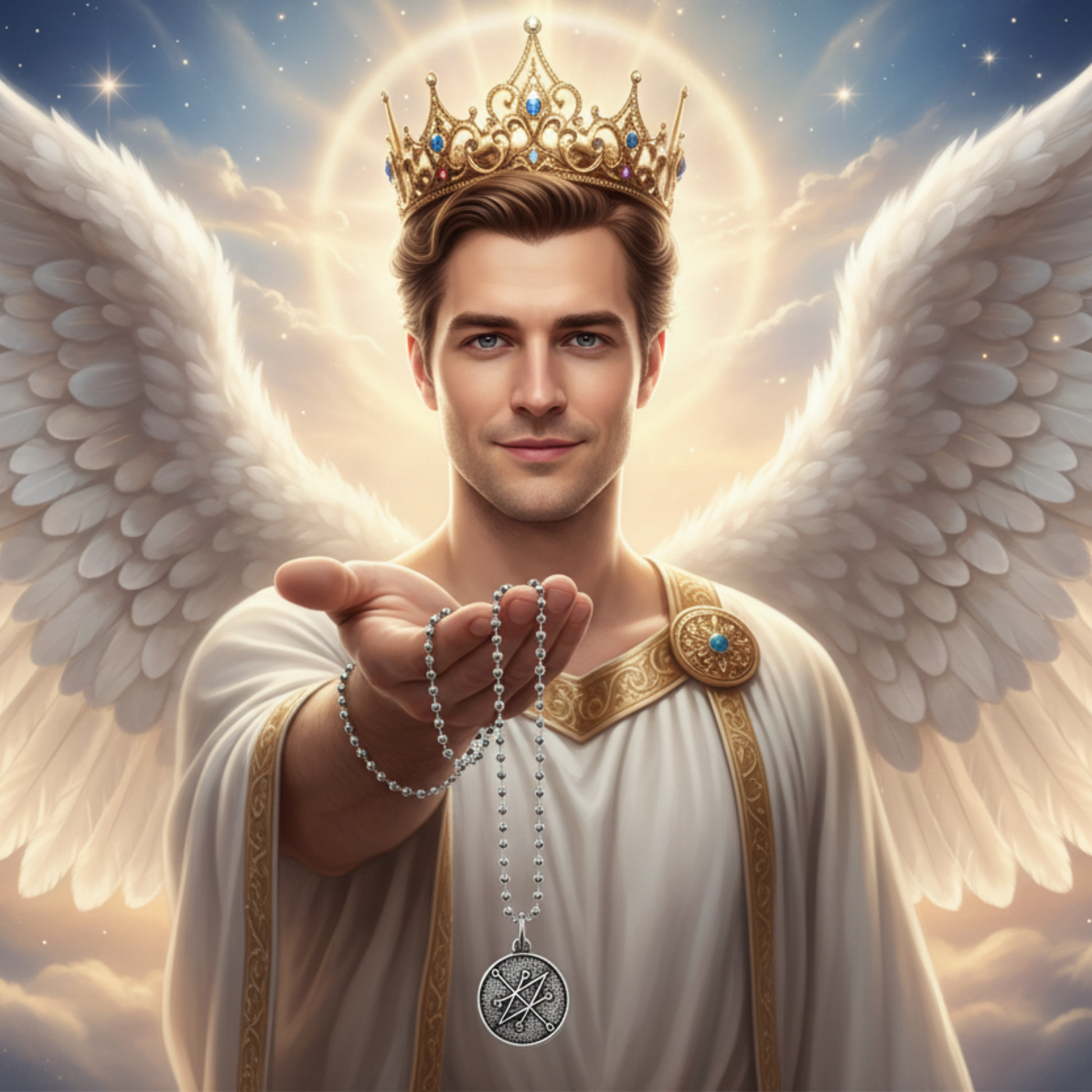 Radiant male Angel with a crown holding an Azazel seal charm necklace against a cloudy sky background.