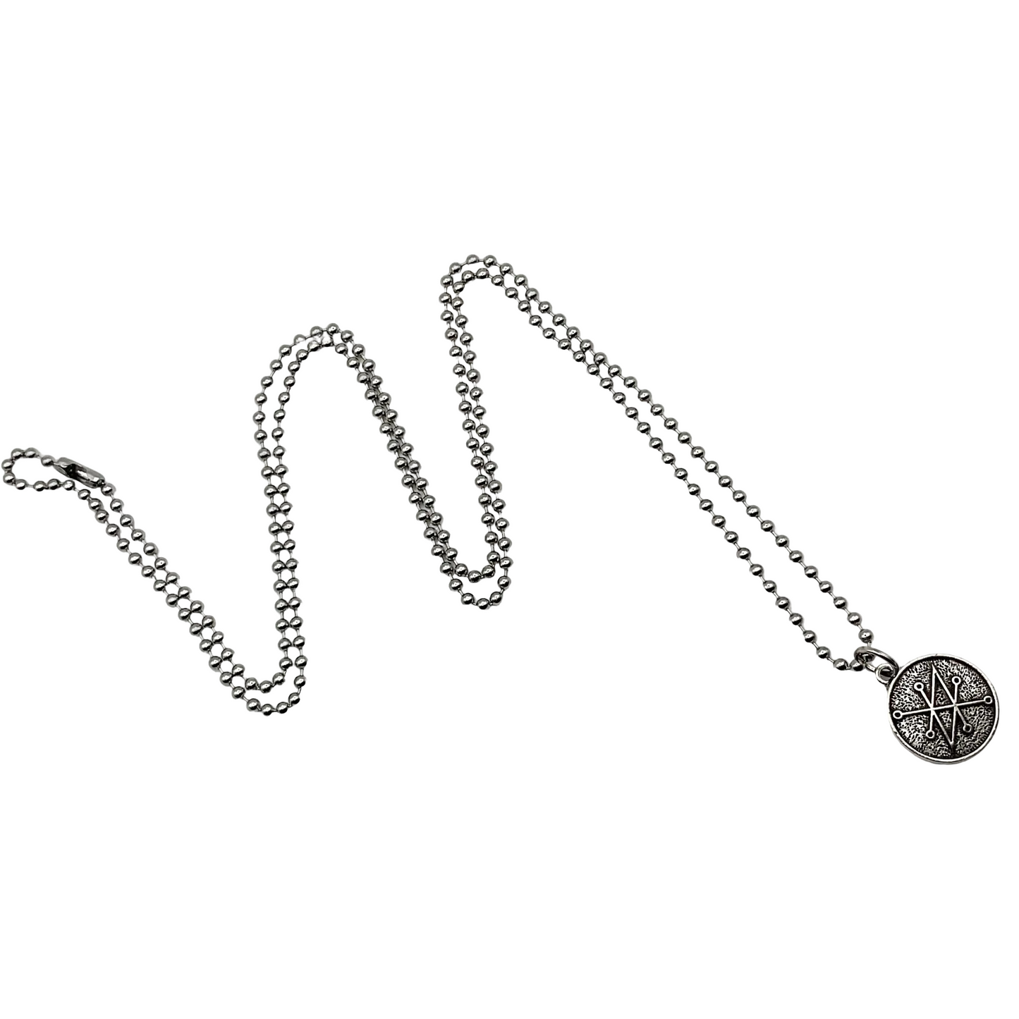 Silver tone ball chain necklace with a circular Azazel seal pendant on a white background.
