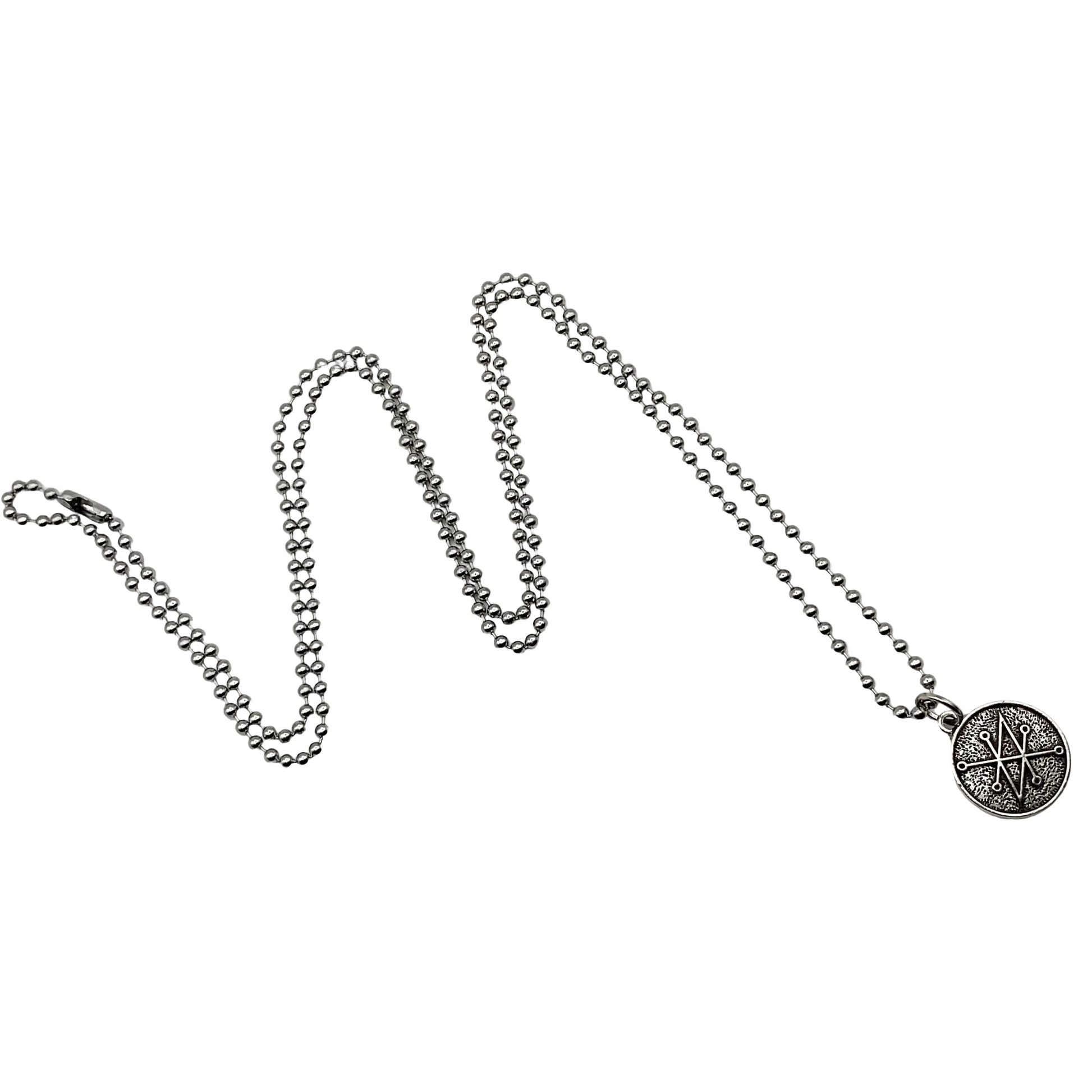 Silver tone ball chain necklace with a circular Azazel seal pendant on a white background.