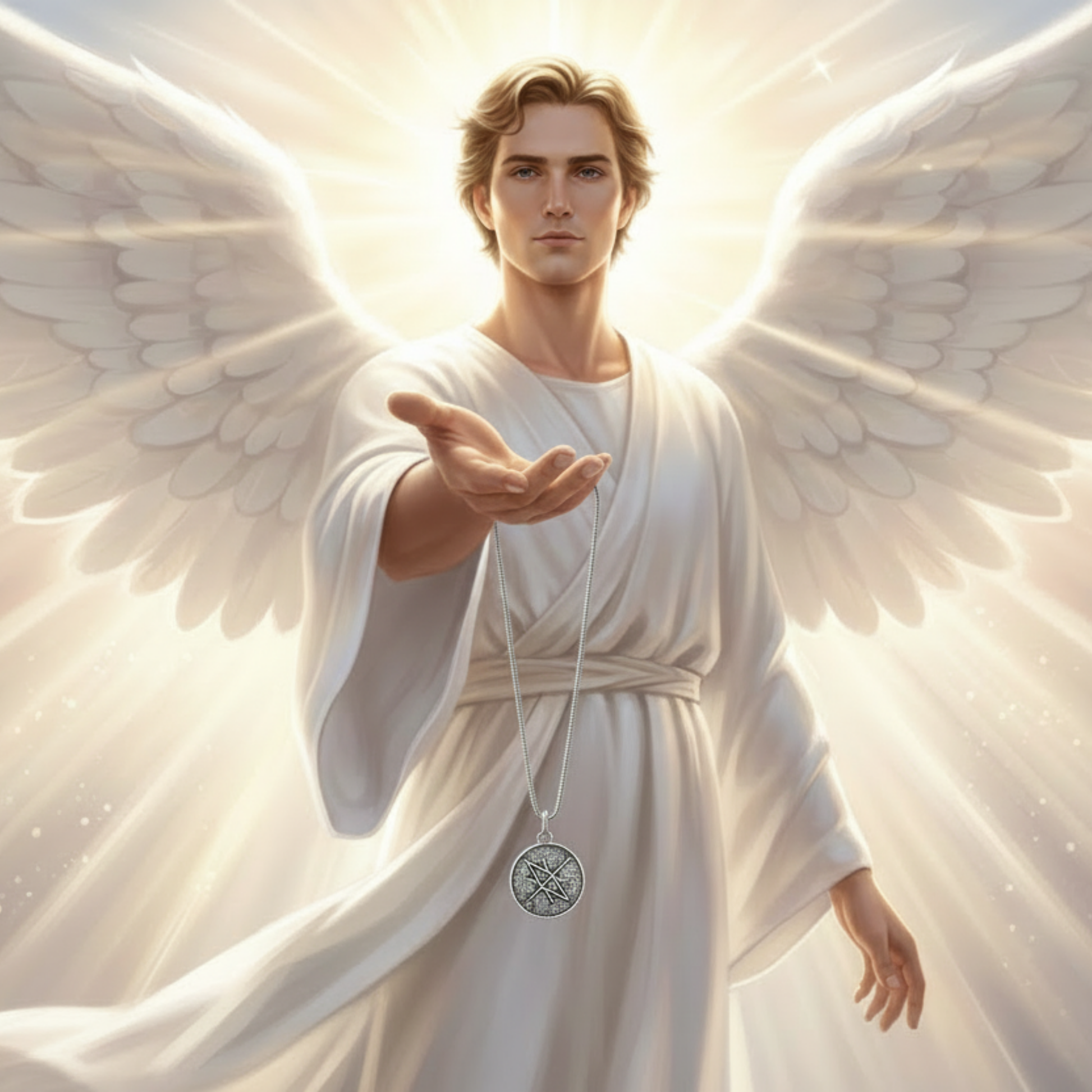 Angelic figure with outstretched hand and wings, holding out the Azazel Sigil Necklace, wearing a white robe and necklace.