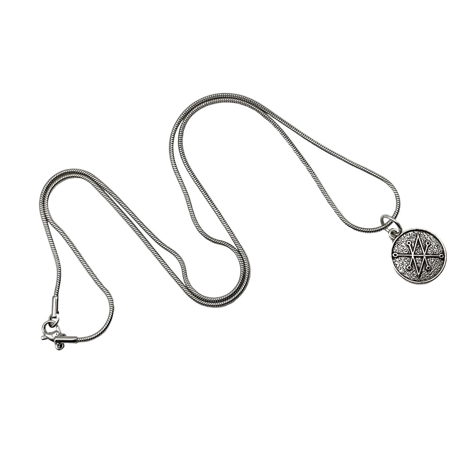 Silver tone necklace with an Azazel Sigil Seal pendant on a white background.