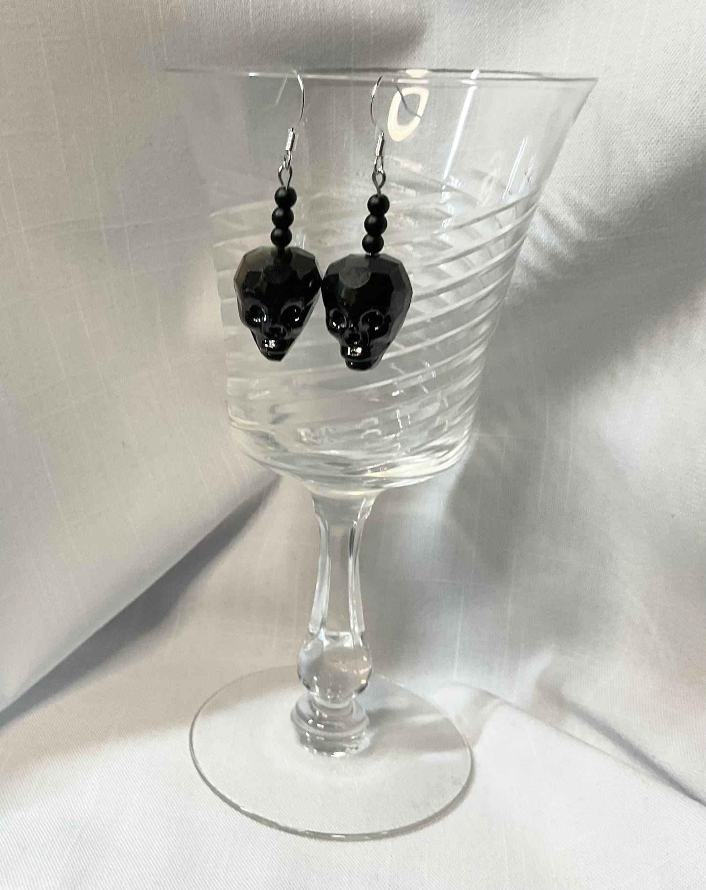 Faceted Black Glass Skull Earrings