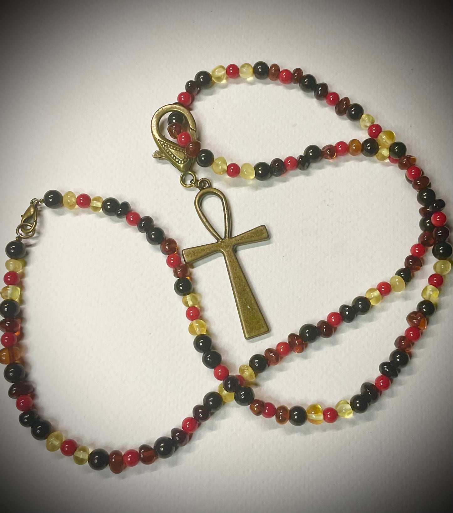 Baltic Amber, Russian Jet and Red Coral Necklace, with Bronze Tone Ankh