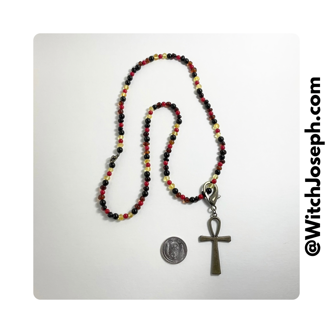 Ankh Talisman with Amber Jet and Coral