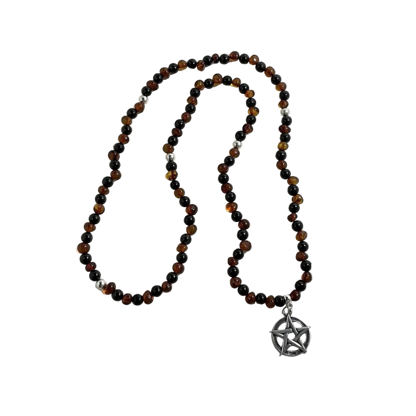 Baltic amber and Russian jet Beaded necklace with sterling silver bead accents and with a sterling silver pentacle pendant displayed on a white background