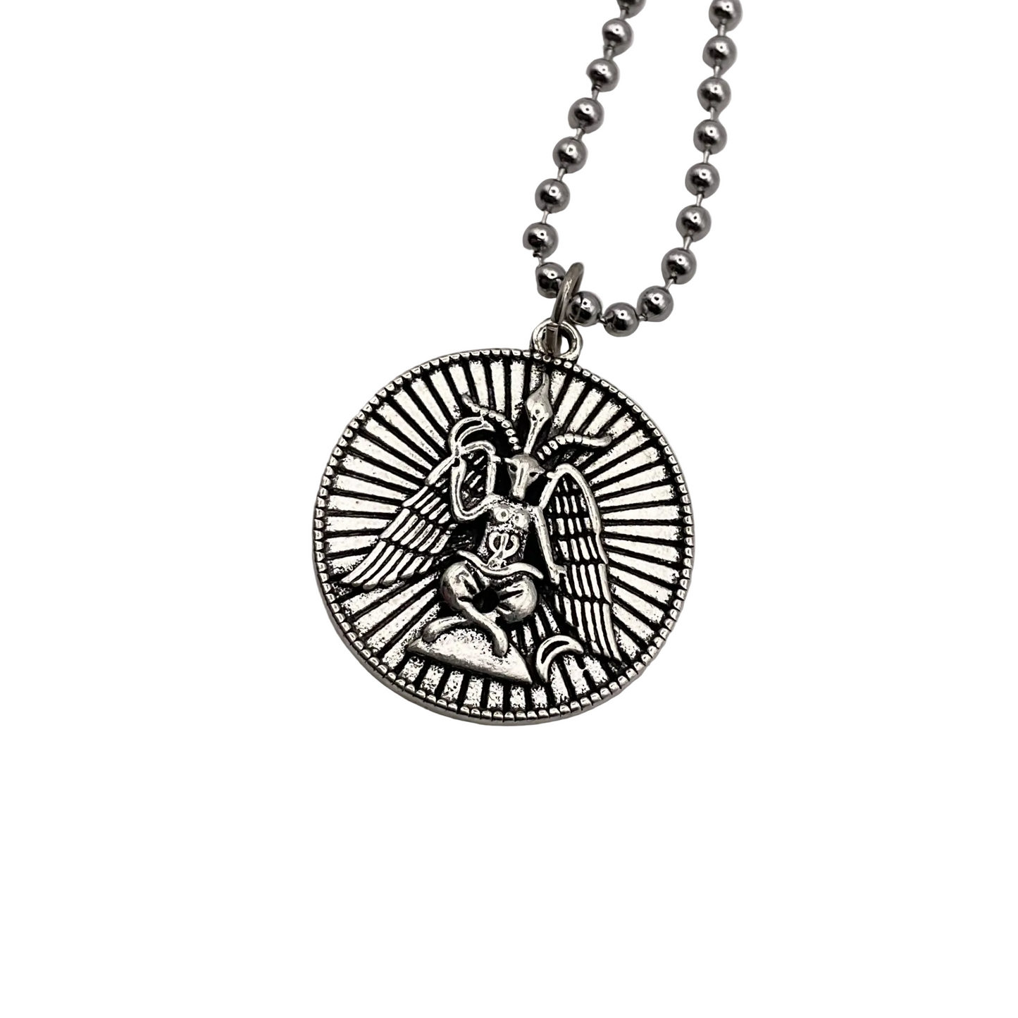 Silver Baphomet pendant charm necklace on a white background.