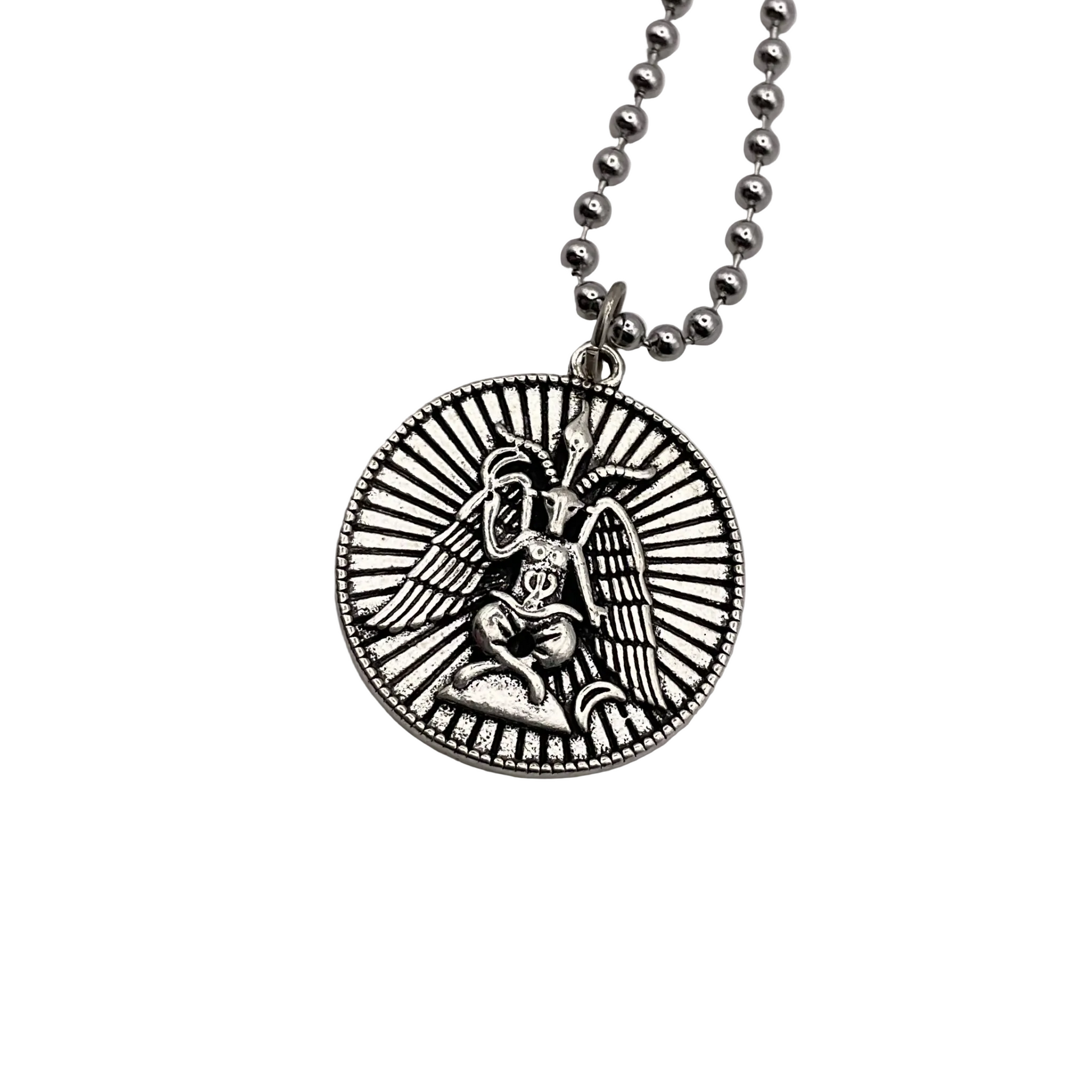 Silver Baphomet pendant charm necklace on a white background.