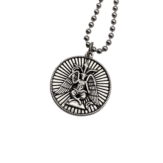 Silver Baphomet pendant charm necklace on a white background.