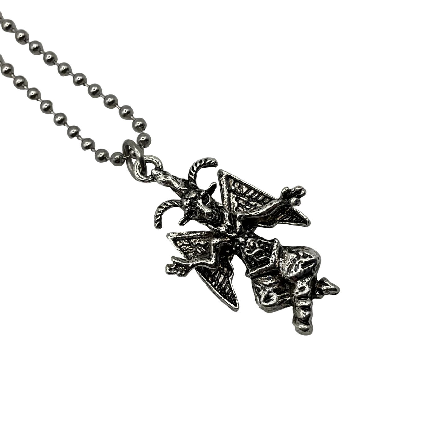 Silver tone necklace with a detailed Baphomet figure pendant on a white background