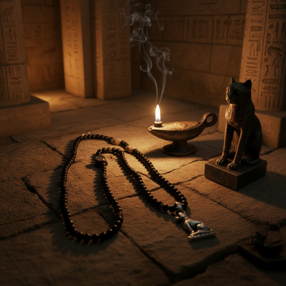 Statue of a Bastet cat and Bastet talisman necklace laying on rustic stone with a lit oil lamp and hieroglyphics in the background
